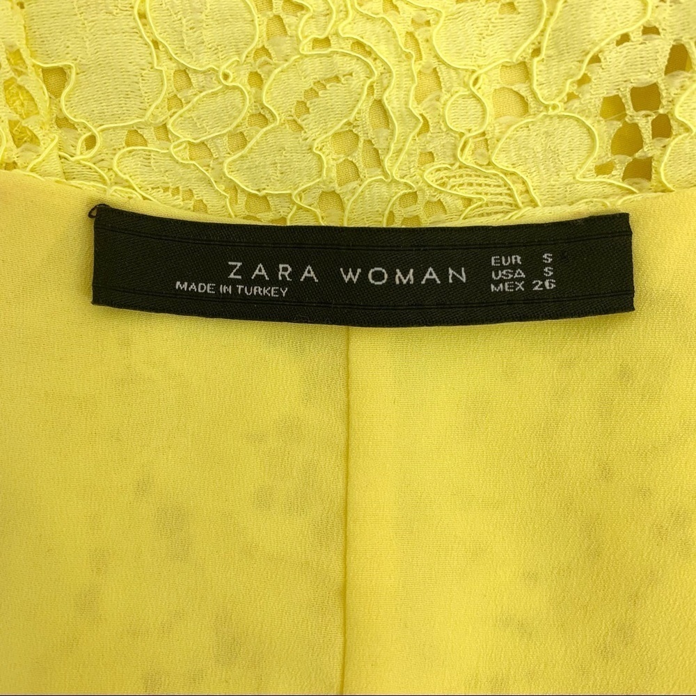 ZARA Lemon Yellow Floral Lace V-Neck Cap Sleeve Shift Summer Dress Size Small - Picture 8 of 9